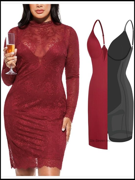 Dresses & Skirts - Lace Long Sleeve Bodycon Dress with Built-in Shapewear